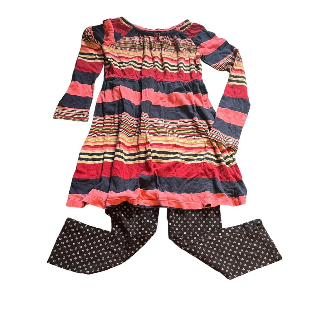 Joe Fresh 10 Yr Girls Red Tan Multi Stripe Dress & Old Navy Leggings Outfit Set